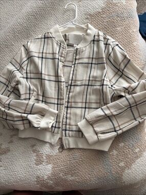 Ashley By 26 International Cream Plaid Cropped Bomber Jacket